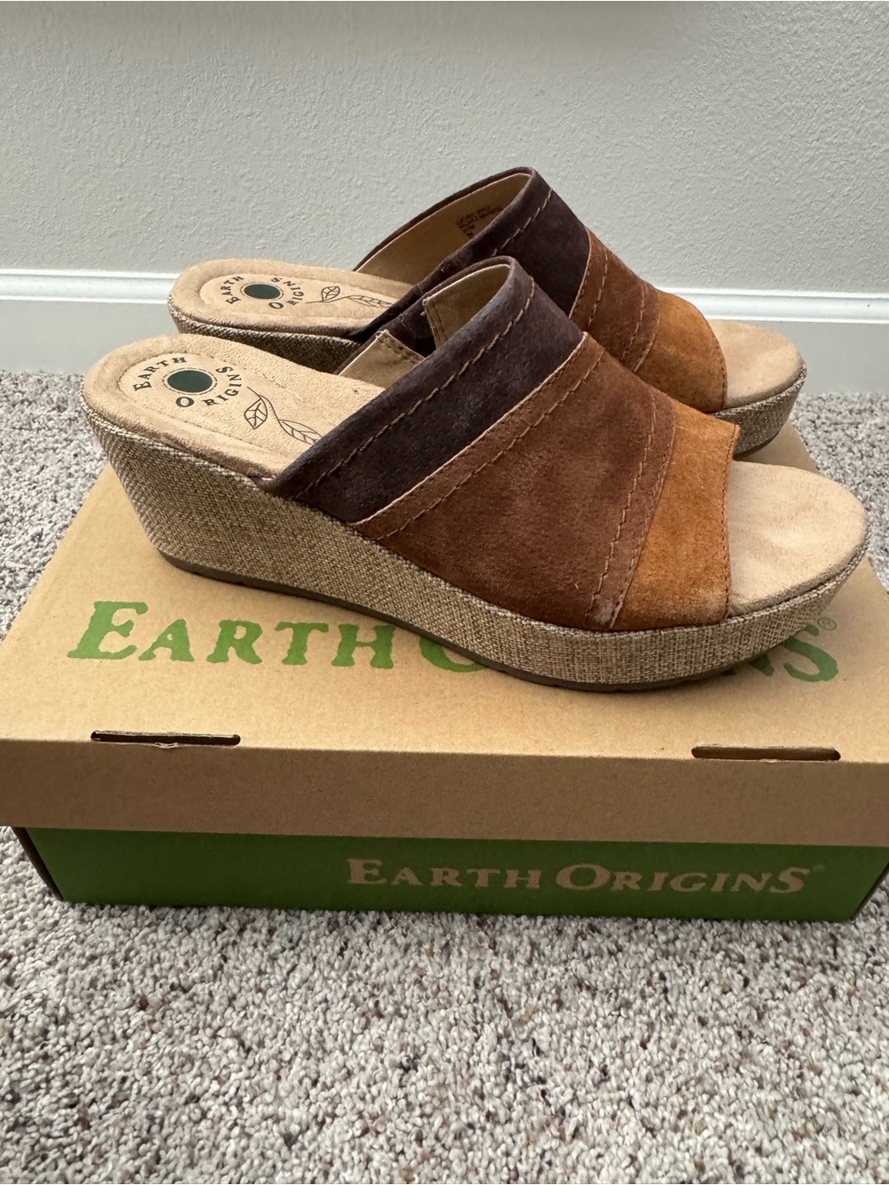 Earth Origins Myra Two-Tone Brown Suede Wedge Sandals, Brand New
